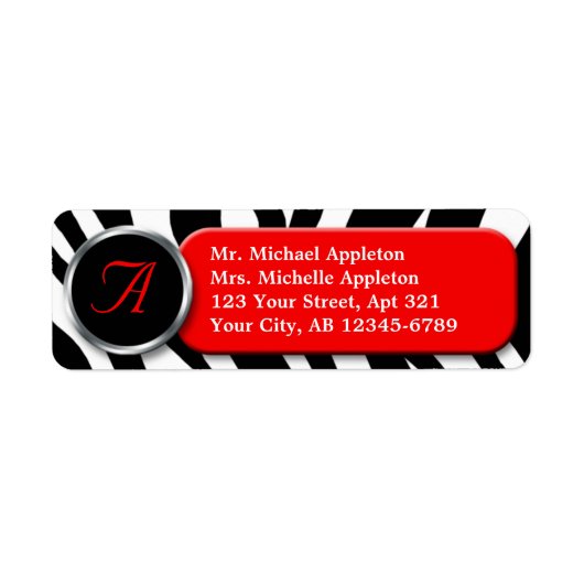 Classy Zebra Print Red Monogram Adresetiketten Etiket (Voorkant)