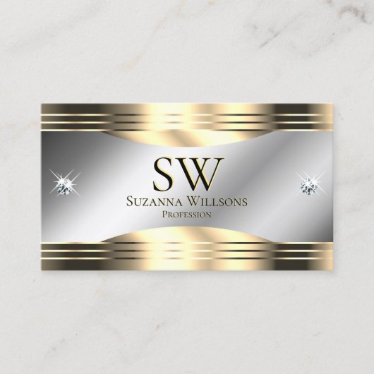 Classy zilveren en gouden glanzende diamanten en m visitekaartje (Voorkant)