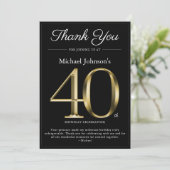 Classy Zwart en Goud 40e Verjaardag Dank u Kaart (Staand voorkant)