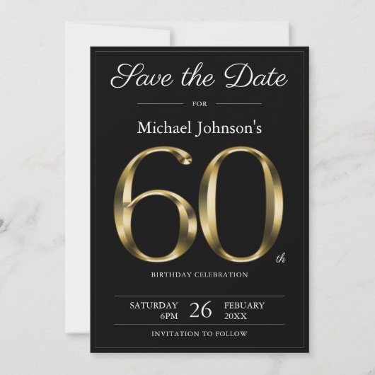 Classy Zwart en Goud 60e Verjaardagsfeestje Save The Date (Voorkant)