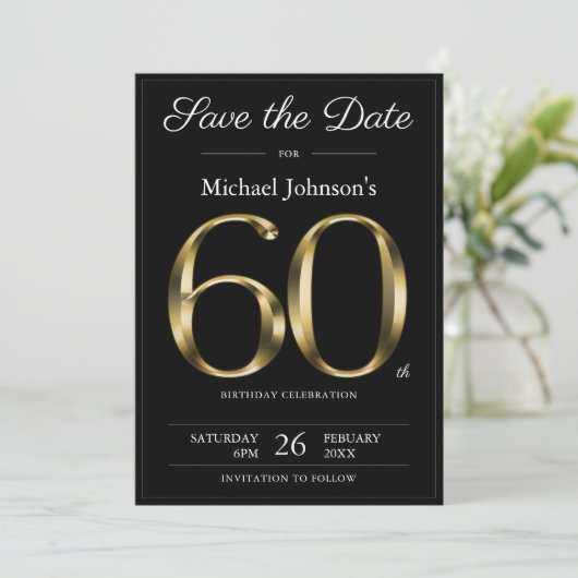 Classy Zwart en Goud 60e Verjaardagsfeestje Save The Date (Staand voorkant)
