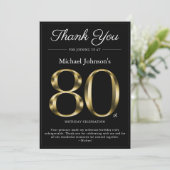 Classy Zwart en Goud 80e Verjaardag Dank u Kaart (Staand voorkant)
