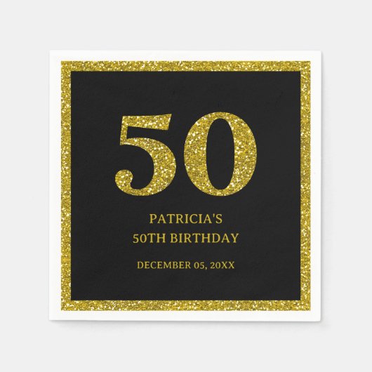 Classy Zwart en Goud Glitter 50ste Verjaardagsfees Servet (Voorkant)