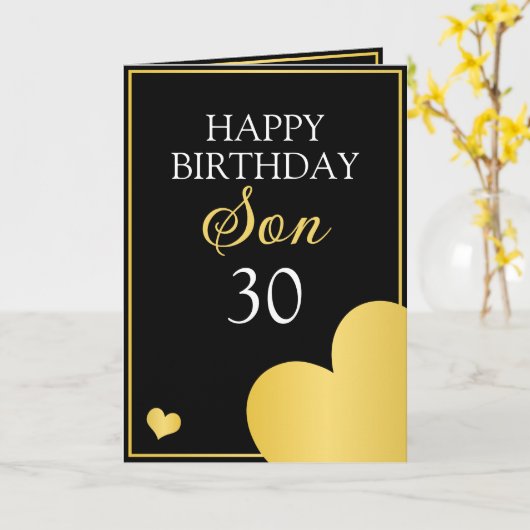 Classy Zwart en Gouden Hart Zoon 30e Verjaardag Kaart (Gele Bloem)