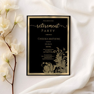 Classy zwart goud glitter floral Pensioen Party Kaart