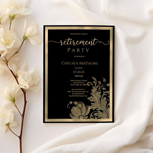 Classy zwart goud glitter floral Pensioen Party Kaart