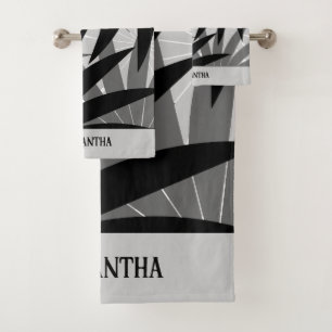 Classy zwart grijs wit geometrisch blad patroon bad handdoek