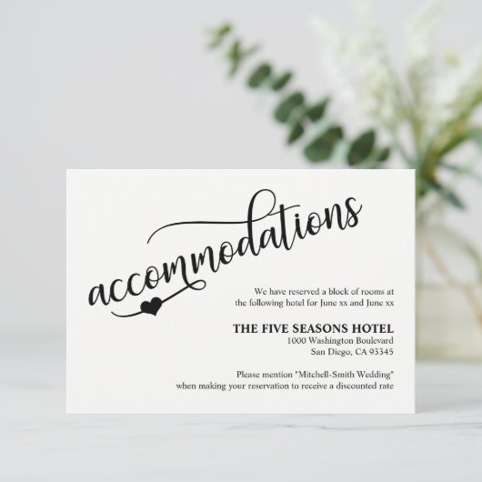 Classy zwart & wit bruiloft accommodatie Kaart (Staand voorkant)