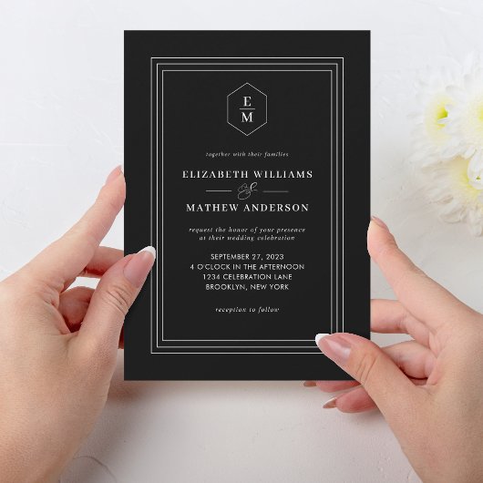 Classy Zwart Wit Grens Monogram Bruiloft Kaart