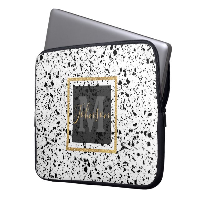 Classy Zwart Wit Marmer Terrazzo Laptop Sleeve (Voorkant Links)