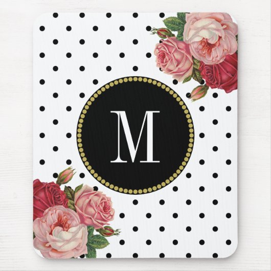 Classy Zwart Wit Stippen Antiek Bloemen Monogram Muismat (Voorkant)