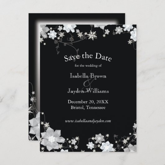 Classy Zwart + Wit Winter Bruiloft Save the Date Aankondigingskaart (Voorkant / Achterkant)