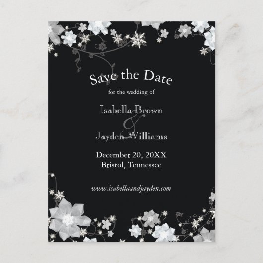 Classy Zwart + Wit Winter Bruiloft Save the Date Aankondigingskaart (Voorkant)