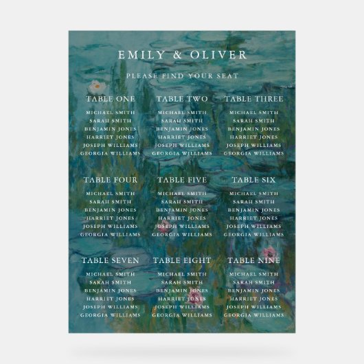 Claude Monet Water Lilies Mariage Seating Chart (Recto)