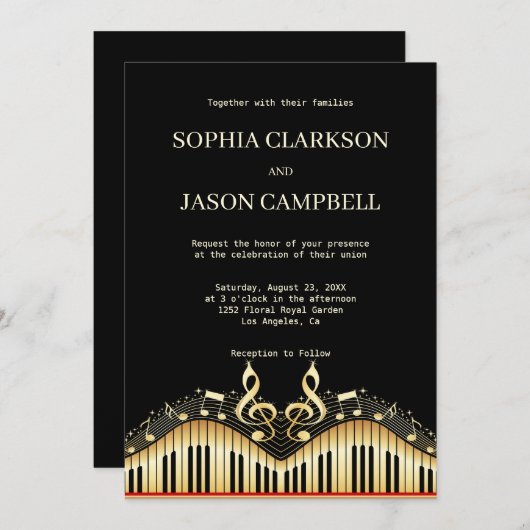Clavier noir et or Faire-part de mariage (Devant / Derrière)