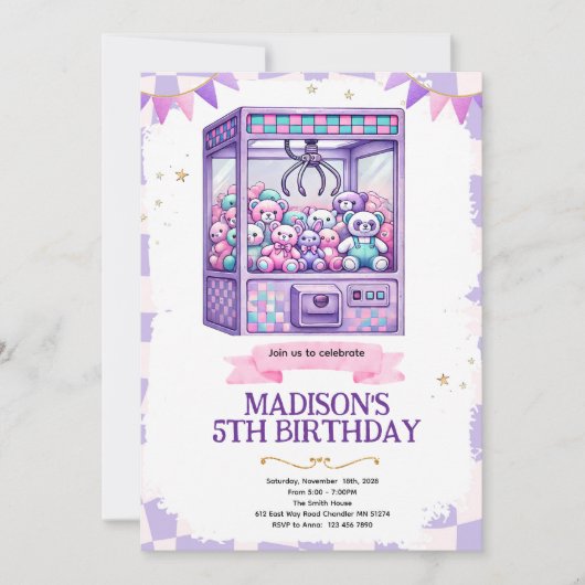 Claw machine arcade party invitation (Devant)