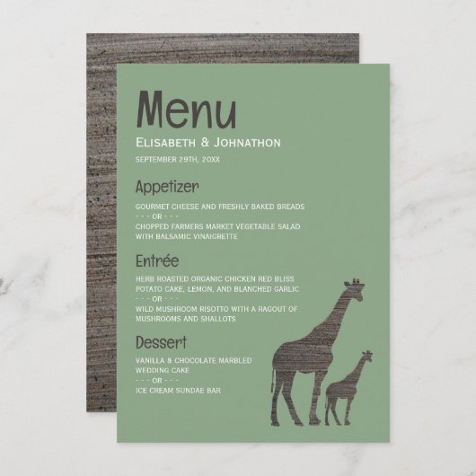 Clay Safari Giraffe, rustieke bruiloft Menu (Voorkant / Achterkant)