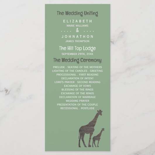 Clay Safari Giraffe, rustieke bruiloft Programma (Voorkant)