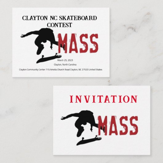 Clayton NC Skateboard Concours INVITATION (Devant / Derrière)