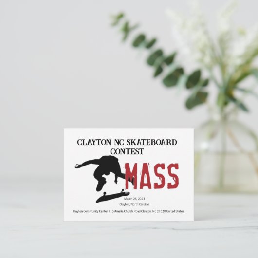 Clayton NC Skateboard Contest INVITATION Informatiekaartje (Staand voorkant)