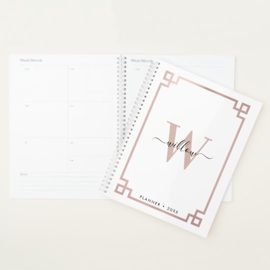 Clé grecque blanche et Rose rose or Monogramme (Devant avec enveloppe)