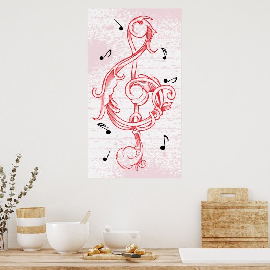 clé treize rouge scrollwork sol note clé affiche (Cuisine)