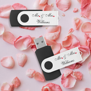 Clé USB M. Mme Nom Mariage Newlyweds Couple Heart USB