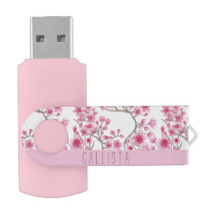 Clé USB Monogramme d'aquarelle florale en fleurs de cerisi