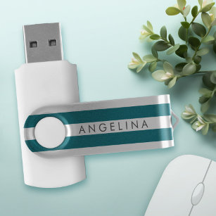 Clé USB Motif rayé moderne Nom personnalisé - Bleu Blanc
