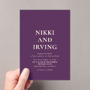 Clean Bold Fonts Paarse bruiloft Acryl Uitnodigingen