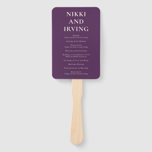 Clean Bold Fonts Paarse moderne bruiloft programma Handwaaier (Voorkant)