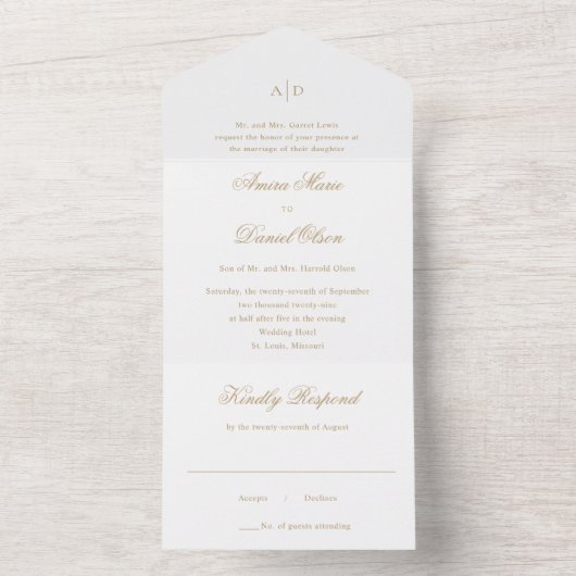 Clean Gold Classic Wedding All In One Uitnodiging (Binnen)