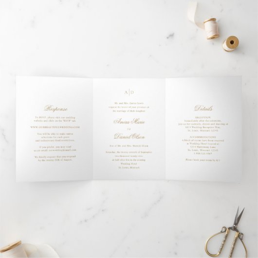 Clean Gold Classic Wedding Drieluik Uitnodiging (Binnen)