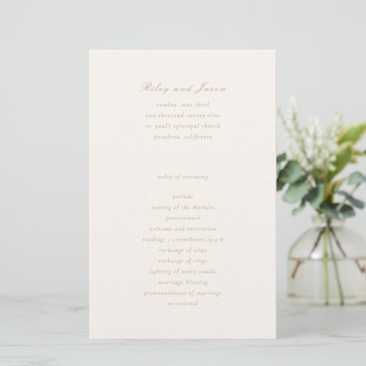 Clean Ivory et Gold Elegant Wedding Programme (Debout devant)
