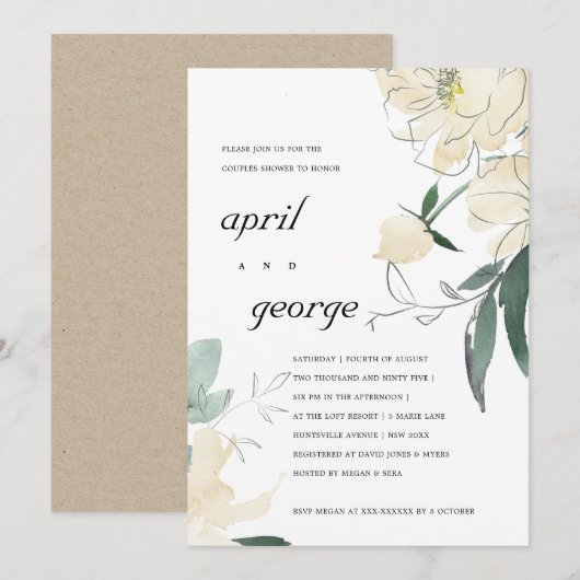 CLEAN IVORY GREEN FLORAL COUPLES SHOWER INVITE BEDANKKAART (Voorkant / Achterkant)