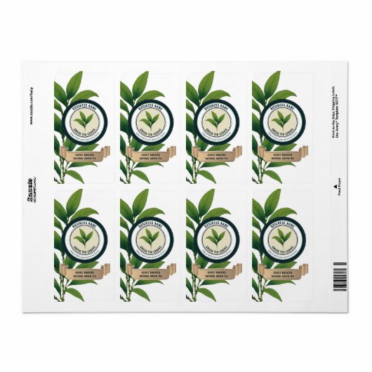 Clean Modern Green Tea Label Sjablonen (Full Sheet)
