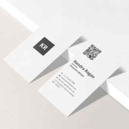 Clean Monogram QR-code minimaal wit verticaal Visitekaartje