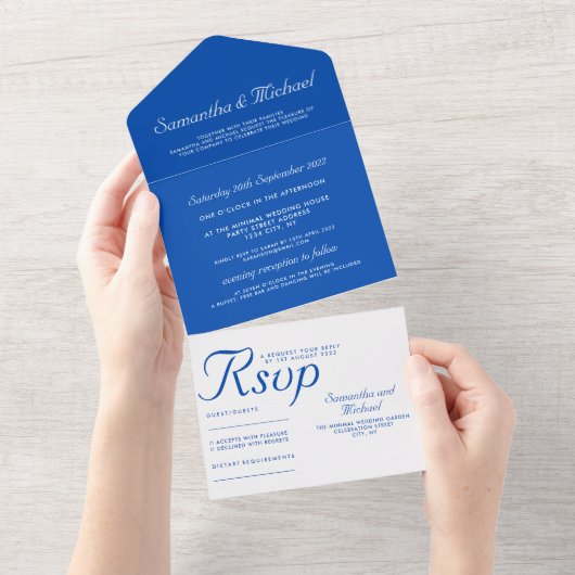 Clean simple Cobalt Blue white wedding All In One Uitnodiging (Afscheurbaar)