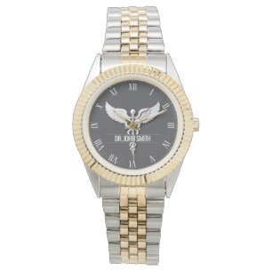 Clean White Gedetailleerde Medische Caduceus Naam Horloge