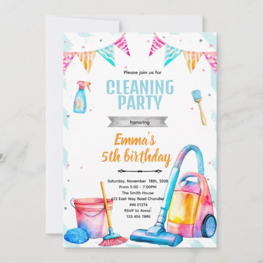Cleaning theme girl party invitation (Devant)