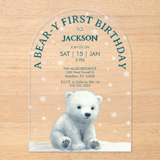Clear Polar Beer Baby eerste verjaardag Acryl Uitnodigingen (Voorkant)