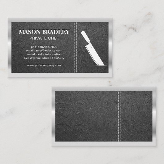 Cleaver Knife | Lederen met titularis | Metaalgren Visitekaartje (Voorkant / Achterkant)