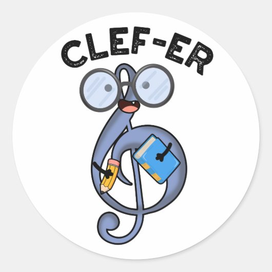 Clef-er Funny Music Pun Ronde Sticker (Voorkant)