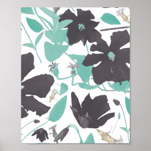 Clematis Floral Blauwgroen Brown Pattern Art Print