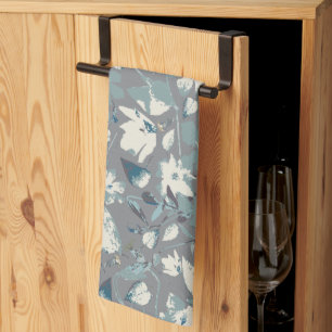 Clematis Vine Grey Blue Cream Waterverf Floral Theedoek