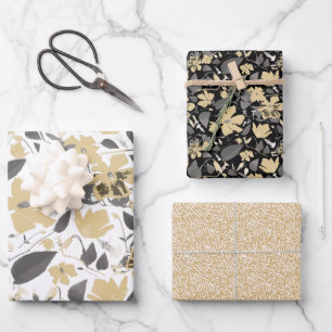 Clematis Waterverf Gold Grey Black Floral Pattern Inpakpapier Vel