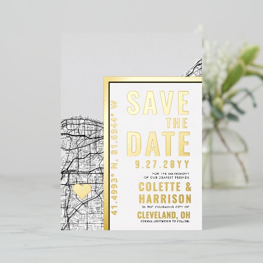 Cleveland Love Locator | Bruiloft Bewaar de datum Folie Uitnodiging (Staand Voorkant)