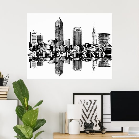Cleveland, Ohio in zwart-wit Poster (Thuiskantoor)