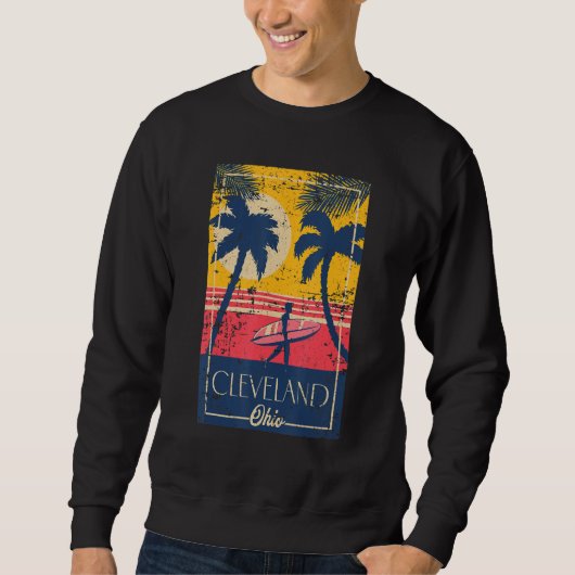 Cleveland Ohio Retro Palm Trees Surf Distressed De Trui (Voorkant)