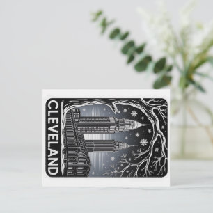 Cleveland Ohio Silhouet Winter Houtsnede Zwart&Wit Briefkaart